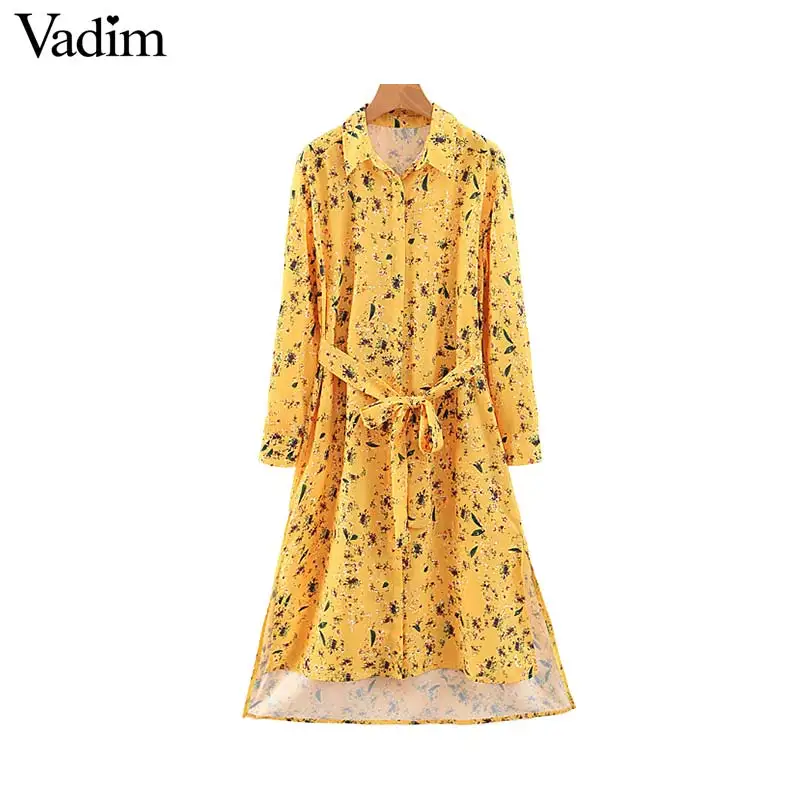 

Vadim women floral print knee length yellow dress bow tie split belt pleated casual female midi dress vestidos QB565