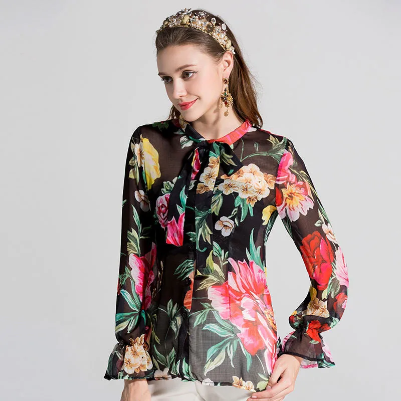 

High Quality Women Blouse PolyesterTurn-down Collar Long Sleeve Flower Print Shirt 2018 New Fashion Vintage Tops Plus Size