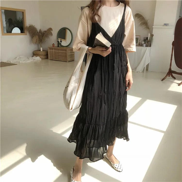Женское элегантное плиссированное платье, корейская мода, Janpan harujku Kawaii, на тонких бретелях, сексуальное, v-образный вырез, винтажное, повседневное, длинное платье Vestidos