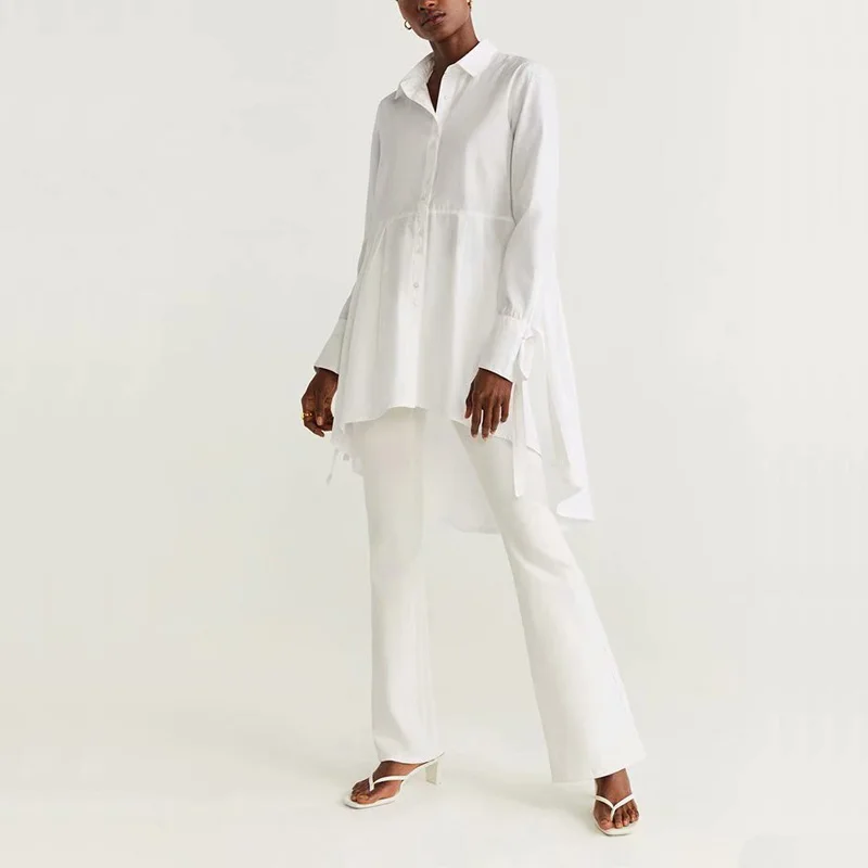 

Summer women's shirt casual solid color bow decoration loose long shirt