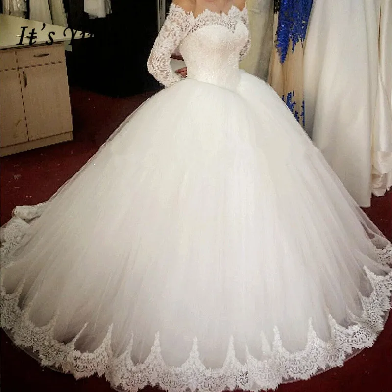 Это YiiYa свадебное платье одежда с длинным рукавом кружева поезд свадебные белые платья кружевной вырез лодочкой на шнуровке элегантные свадебные бальные платья G010 - Цвет: Белый