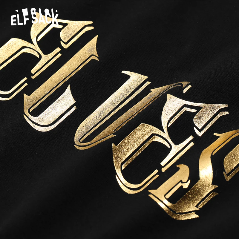 ELFSACK черные хлопковые Женские топы с буквенным принтом Модный Блестящий