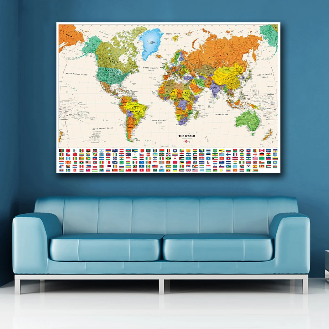 Большой размер настенная художественная Настенная карта мира с флагами холст картина для гостиной картина маслом для домашнего декора на холсте настенная живопись
