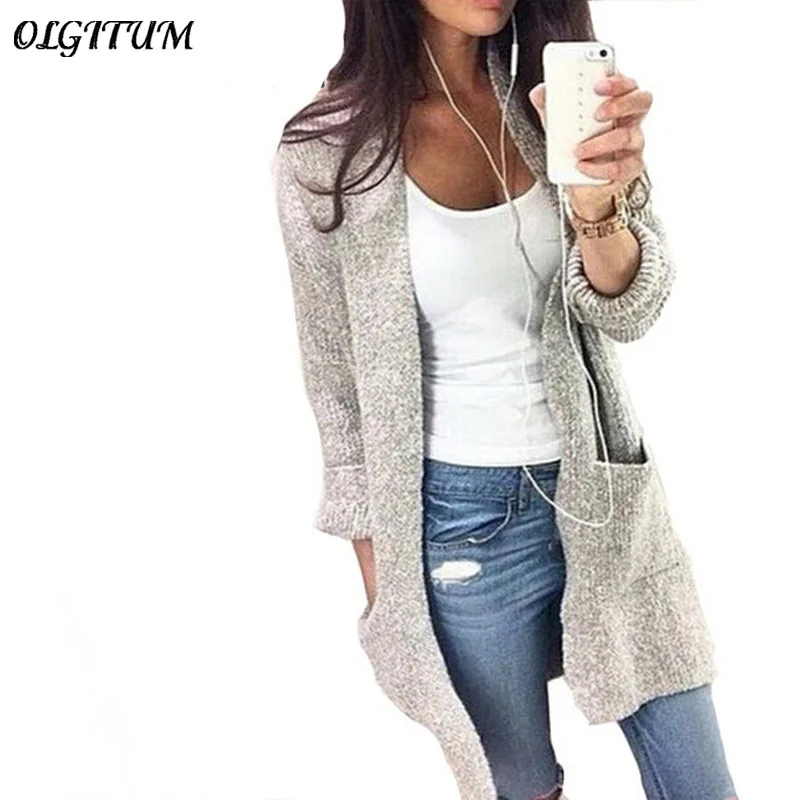 

2019 Fashion Autumn Winter Long Sleeve Women cardigan loose knitting Pocket sweater Solid color Female Cardigan 2 colors
