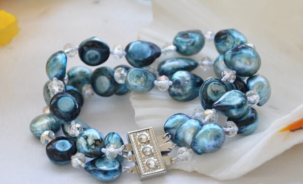 

FREE SHIPPING>>>@@ > 01199 3row 8" blue baroque pearl faceted crystal bracelet