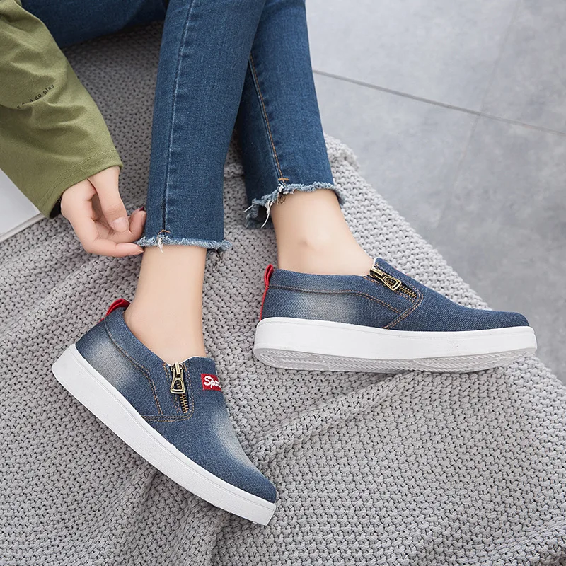 

2019 Spring New Women's Canvas Shoes Casual Shoes Basket Femme Solid Denim Zip Women's Shoes Large Size