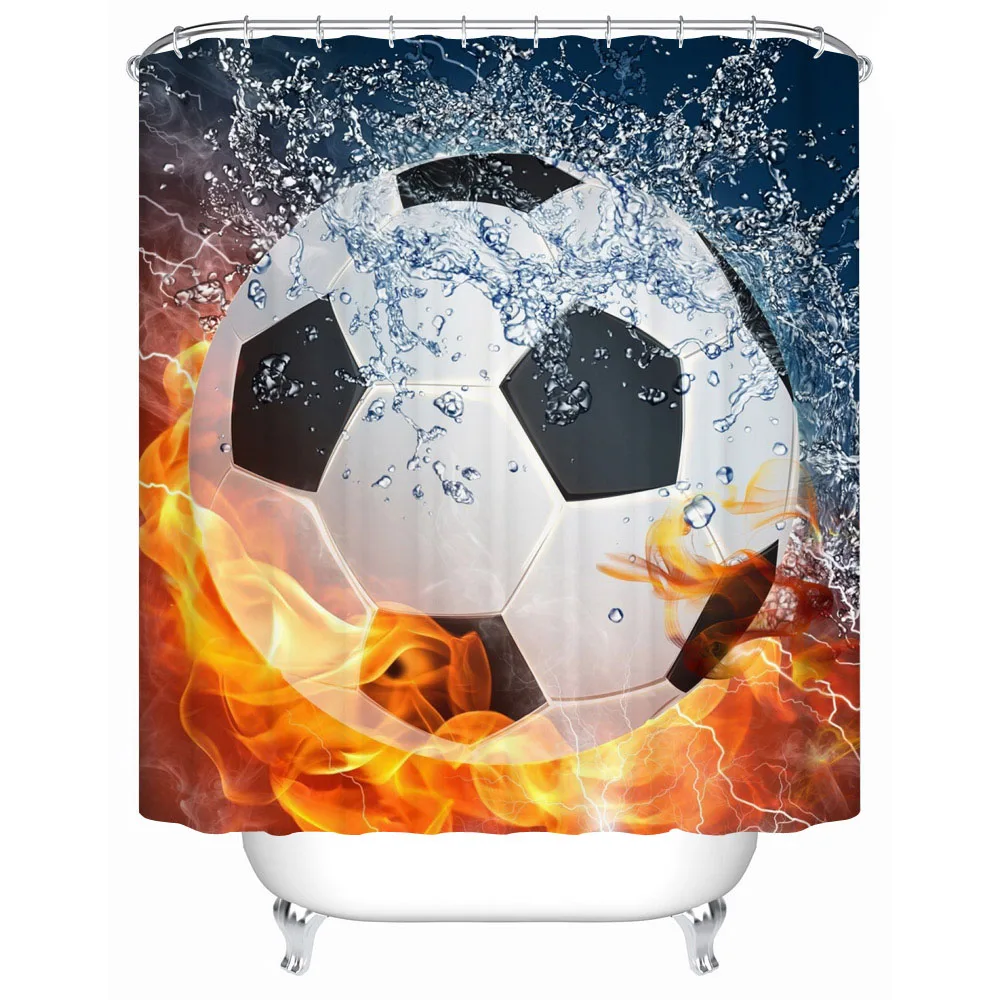 Fabric Shower Curtain Waterproof Football on Fire Pattern Sport Fan