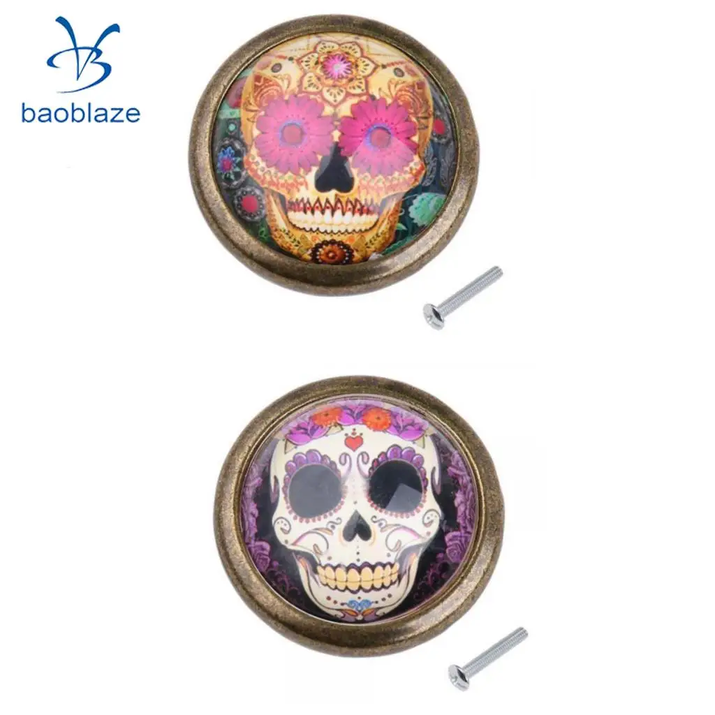 2pcs Vintage Brass Door Cabinet Cupboard Knobs Round Pull Handle Drawer Furniture Hardware - Skull