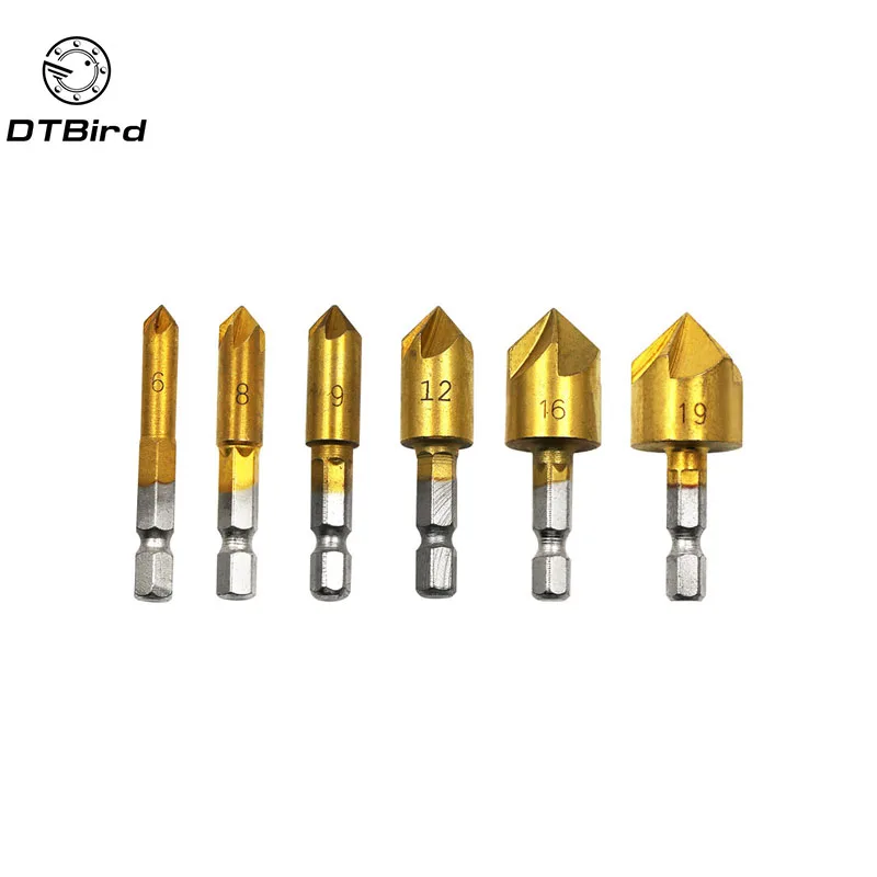 

6PCS 5 Flute Chamfer Countersink 1/4" Hex Shank HSS 90 Degree Wood Chamfering Cutter Chamfer 6mm-19mm Countersink Drill Bit