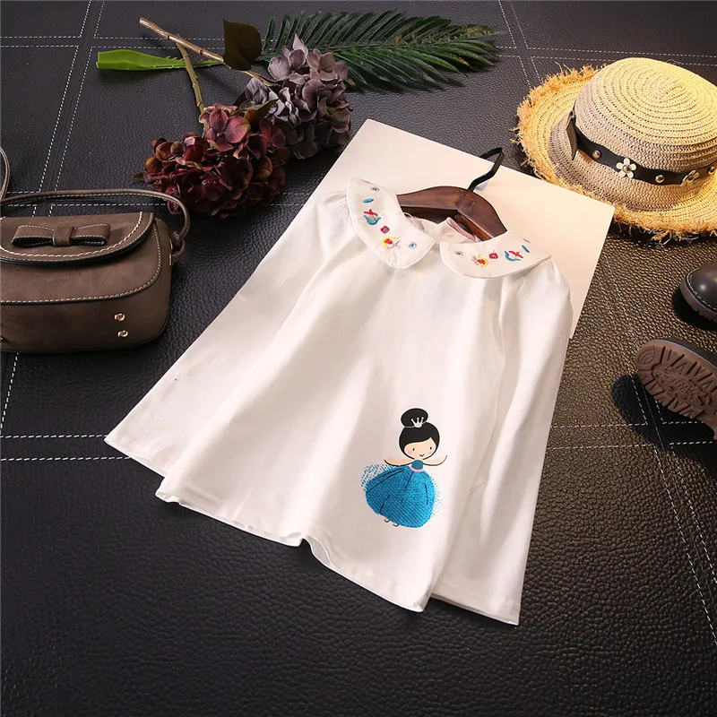 2018 Spring Girls' Fashion Loose Peter Pan Collar Long Sleeve Cartoon Embroidery 100%Cotton T Shirt Tees Kids Baby Soft Clothes 2018 Spring Girls' Fashion Loose Peter Pan Collar Long Sleeve Cartoon Embroidery 100%Cotton T Shirt Tees Kids Baby Soft Clothes