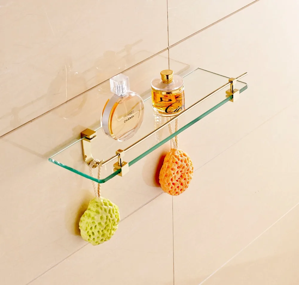 Single Tier Bath Glass Cosmetics Holder Storage Shelf Gold Finishin
