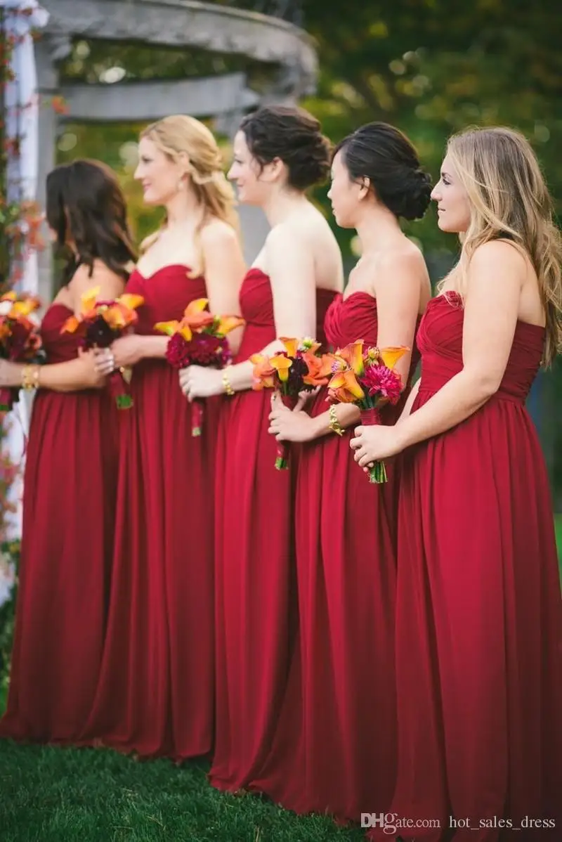 2017 Burgundy Chiffon Long Bridesmaid Dresses Sweetheart Pleated