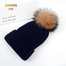 Модная трикотажная шляпа для детей, Женская Зимняя Вязаная Шапка-бини с помпоном из натурального меха енота, шапки для девочек#78