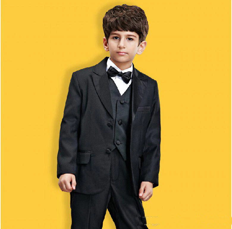 Лидер продаж,, индивидуальный заказ, черный детский Свадебный костюм с закругленным воротником, наряд для мальчиков, смокинги(куртка+ штаны+ галстук+ жилет