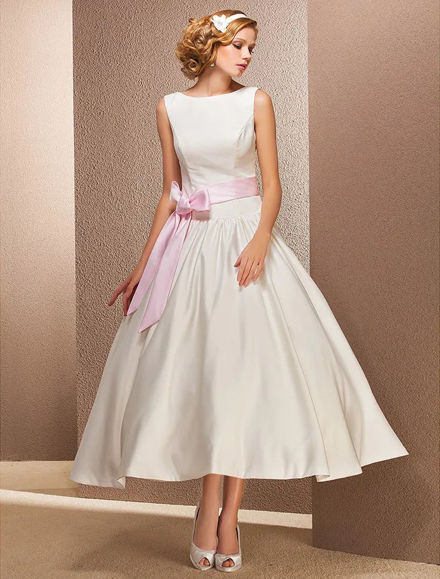 Hot-Sale-2017-New-Fashion-Tea-length-Wedding-Dress-White-Ivory-Vestido-De-Noiva-with-Pink