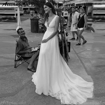 

Muslim Wedding Dresses V-Neck Chiffon Lace Boho Dubai Arabic Wedding Gown Sexy Bridal Dress Vestido De Noiva