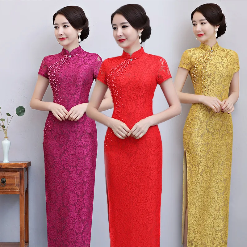 

Rose Red Yellow Women Novelty Elegant Cheongsam Lace Sexy Chinese Style Evening Dress 2018 New Lady Slim Qipao