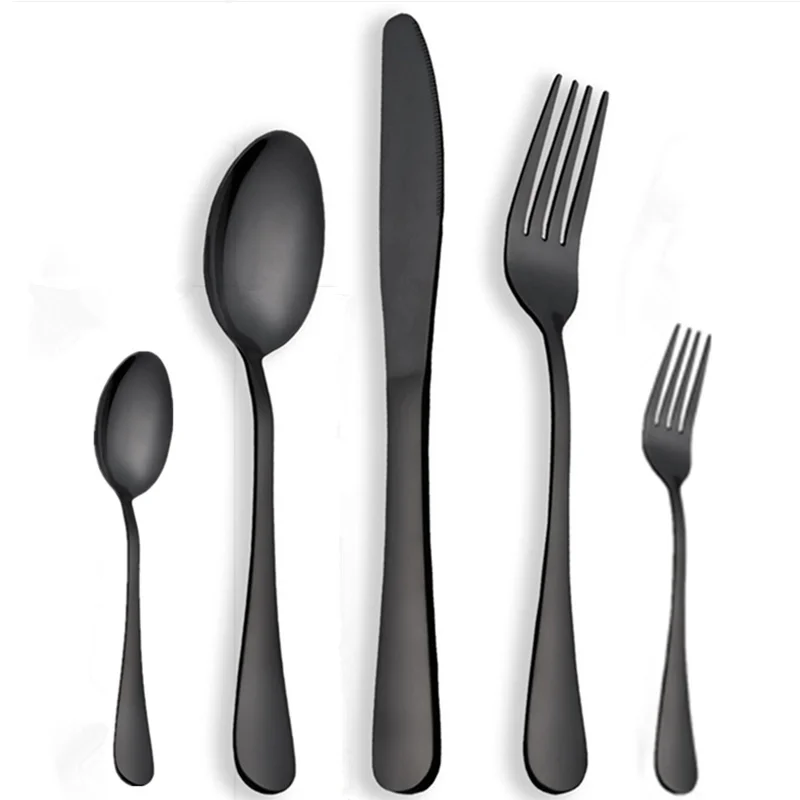 

5 Pcs/Set Shiny Dinnerware Set Stainless Steel Cutlery Set Black Knife Cake Fork Set Gold Tableware Sets Drop Shipping