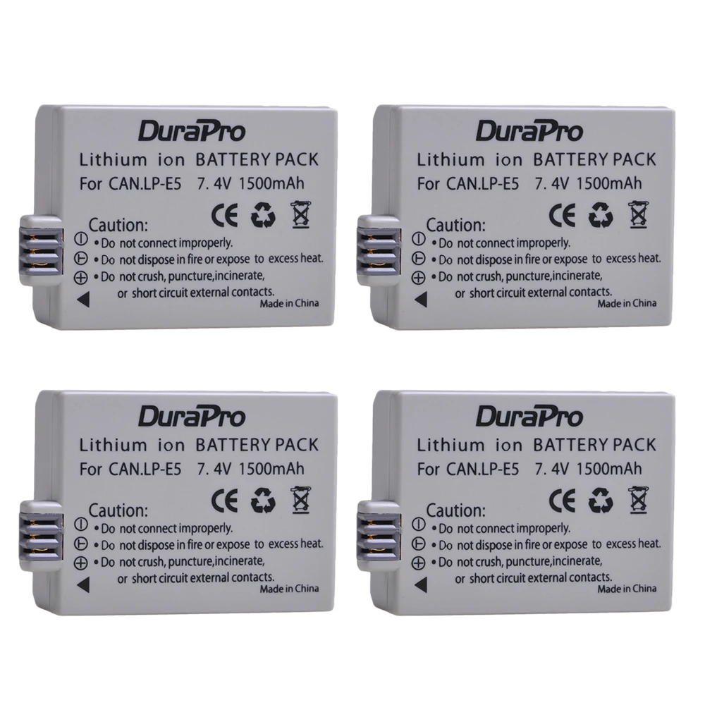 DuraPro 4pcs LP-E5 LP E5 LPE5 1500mAh запасная батарея для камеры Canon EOS 450D 500D 1000D KISS X2 X3 F Rebel XS XSi T1i |