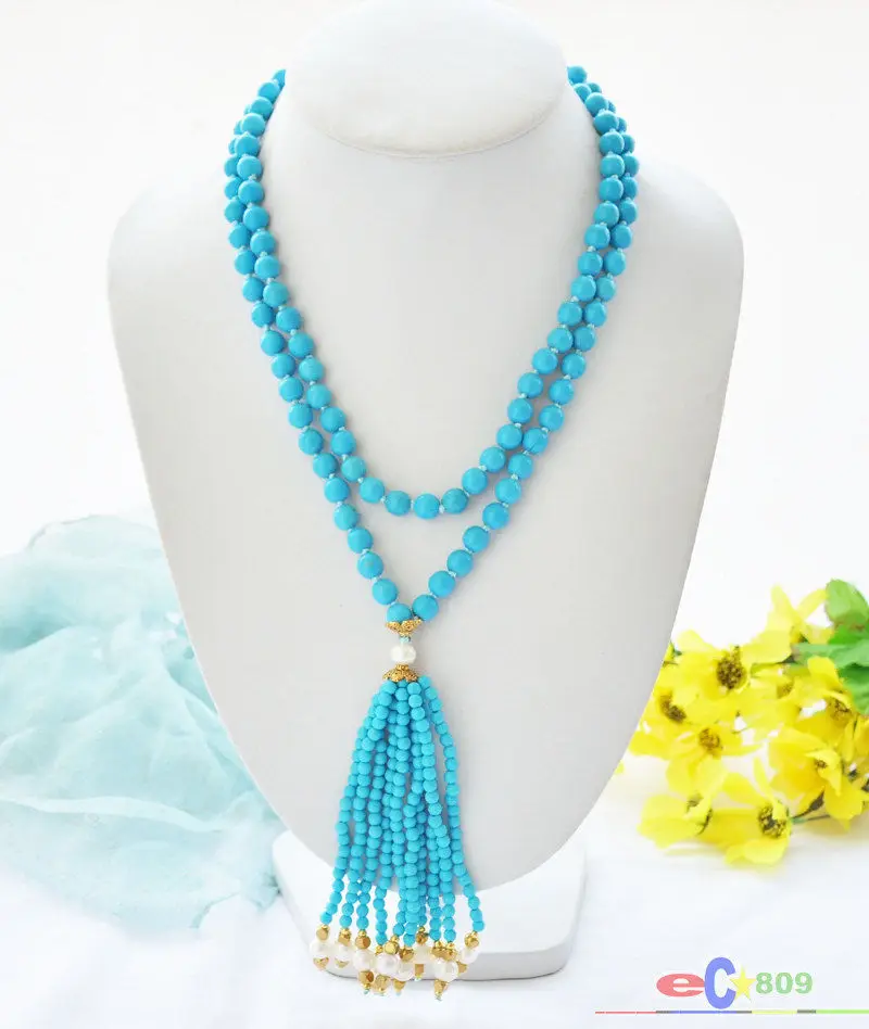 

wholesale 40" 8mm blue turquoise bead white round pearl necklace