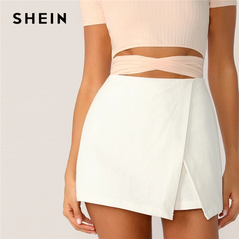 Kopen SHEIN Zipper Fly Solid Wrap Skort 2019 Wit Lente Zomer Herfst Shorts Elegante Broek Mid Taille Vrouwen Shorts