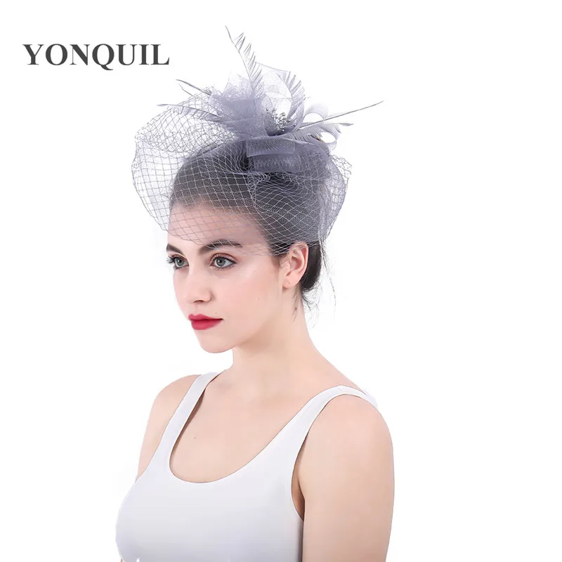 Bridal wedding Hat Fascinator Hair Clip Pillbox Hat mesh loop Feather