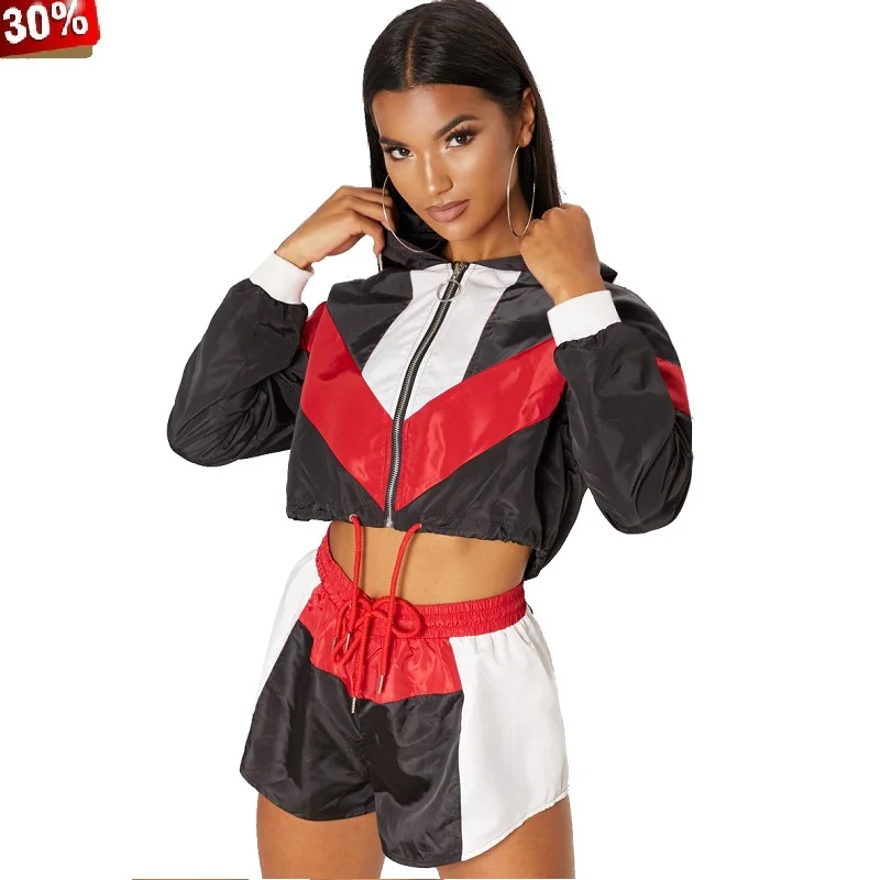 

Designer Tracksuits 2019 Sporty Casual 2pcs Womens Set Zipper Up Colorful Splicing Zipper Up Short Trench Shorts Suit Tracksuit
