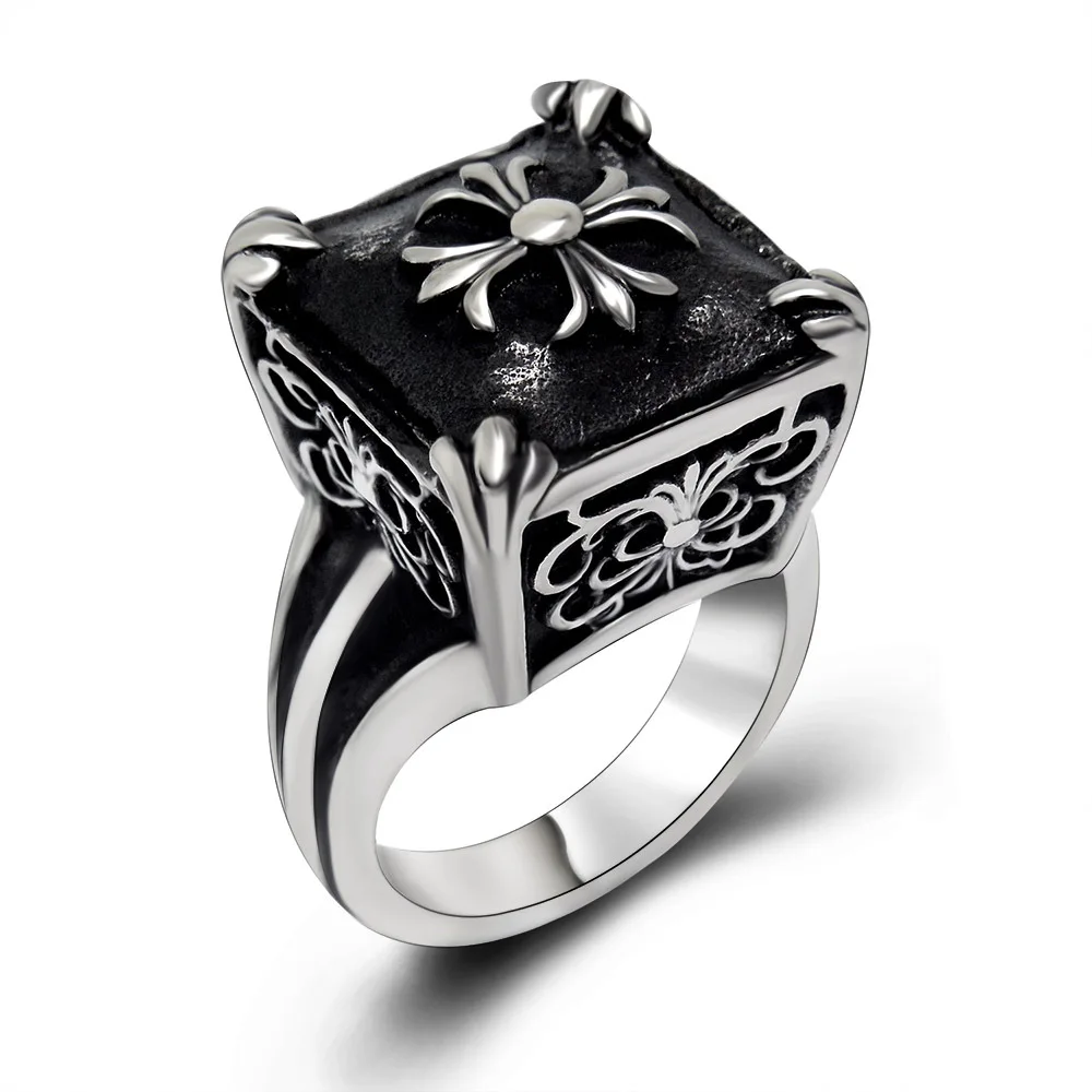 Wholesale Vintage Retro Cross Flower Ring Stainless Steel Cool Simple Men Ring Male Fashion Jewelry