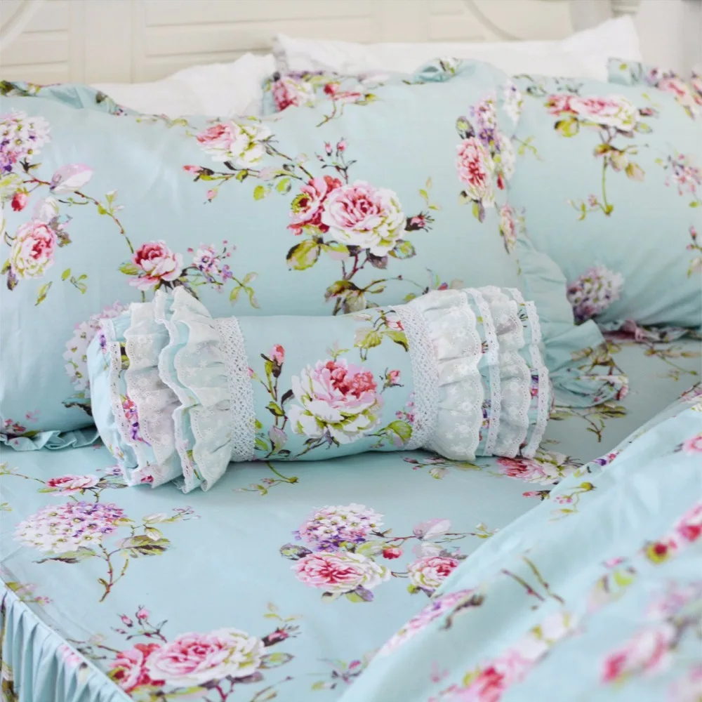 FADFAY Shabby Blue Floral Ruffle Bedding Set Vintage Elegant French