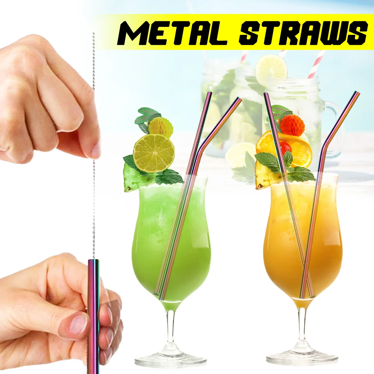 7pcs Reusable Drinking Straw Metal Stainless Steel Straw With Cleaner Brush For Home Party Barware Bar Accessories