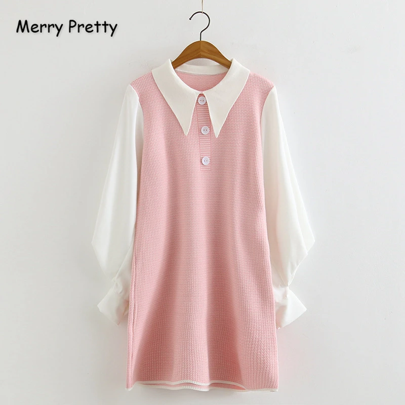 

Merry Pretty Women's Patchwork Knitted Dresses 2019 Autumn Winter Lantern Sleeve Peter Pan Callor Sweet Girl A-Line Pink Dress