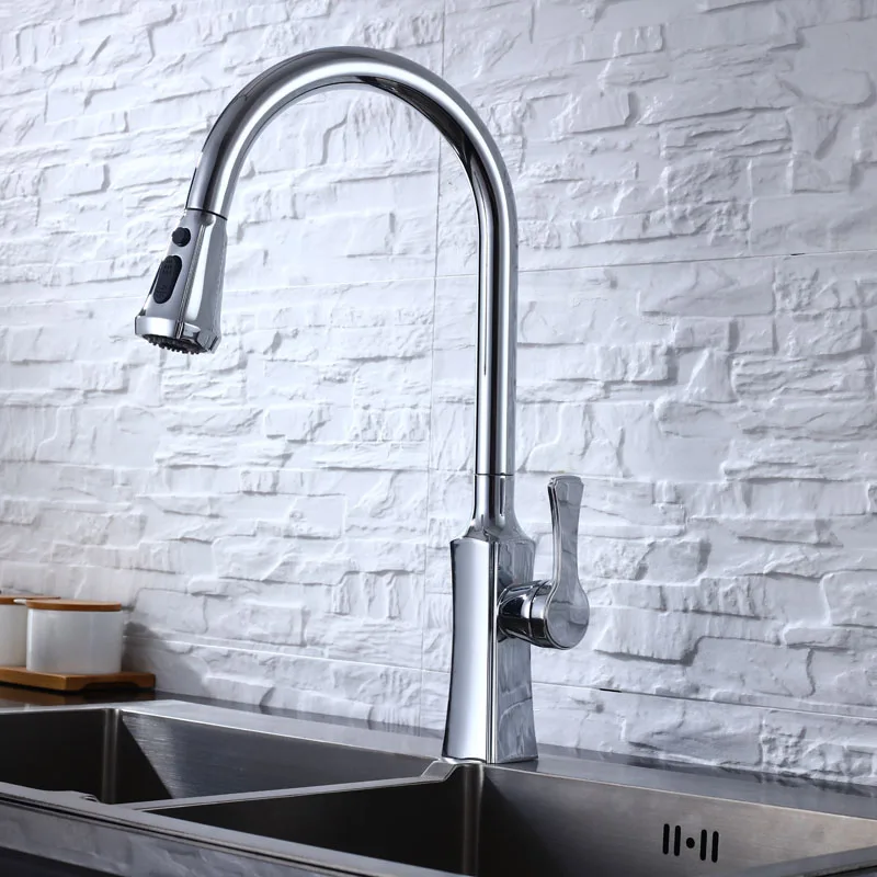 

OLMEY Wholesale Chrome Plating Pull Out Kitchen Faucet with Sprayer, Two-Ways Single Handle Kitchen Mixer Sink Water Tap
