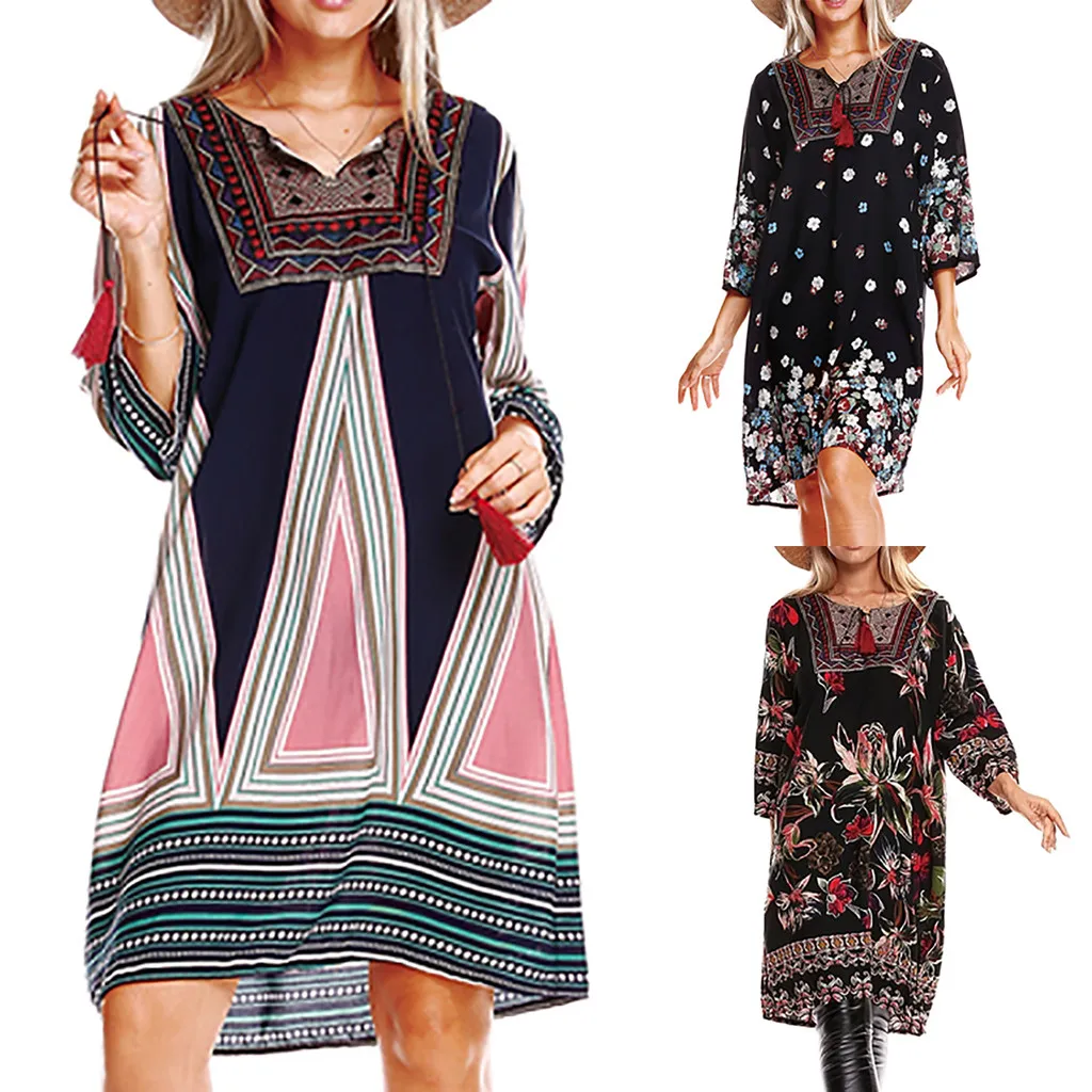 Bohemian Plus Size Loose Print Knee Length Dress Women Summer Large