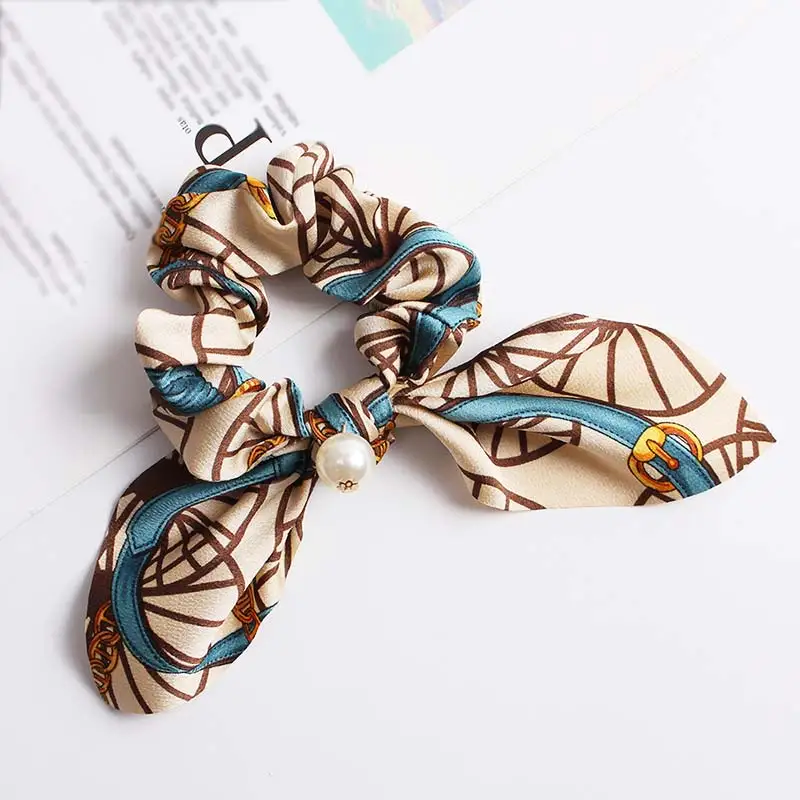 1PC Pearl Hair Rope Gifts Unique Elastic Wedding Graceful Flower Print Hair Accessories Adjustable Cute Polyester 23 Colors