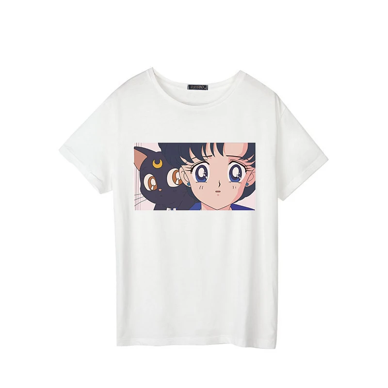 Милая футболка Сейлор Мун, летняя мода, Harajuku, большой размер, S-2XL, короткий рукав, принт с героями мультфильмов, буквы, топы, футболки - Цвет: white