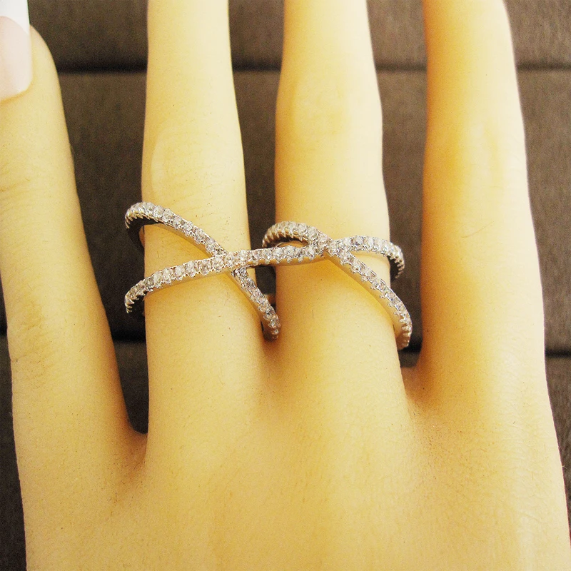 Мода AAA кубический цирконий, геометрический кривой двойной палец кольцо, блестящие, свадебные и вечерние ювелирные изделия для женщин. RC013