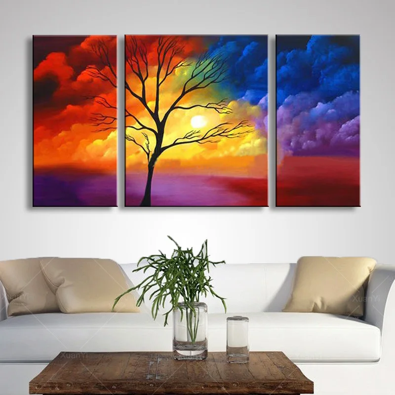 

Hand Painted Abstract Oil Painting Home Decor Wall Art Modern Colorful Clouds & Tree Landscape Paintings 3 Panel Pictures Sets