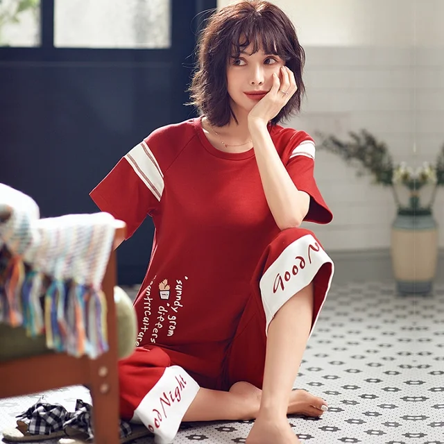 Summer 100 Cotton Women Pajamas Set Sleep Red Top and Pant Sleepwear Vitality Nightgown Female Warm Cute Student Home Service