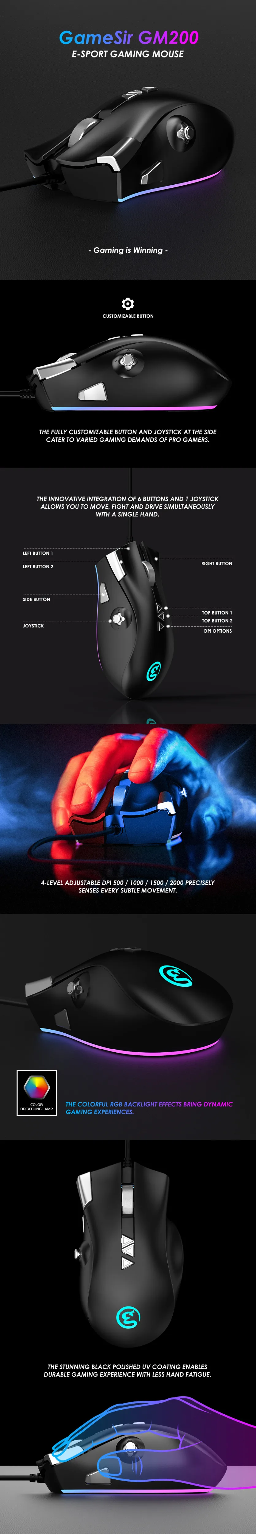 GameSir USB GM200 E-sport игровая Мышь 4-уровневая Точек на дюйм точно регулируемый проводной Мышь 6 кнопок 1 джойстика для ПК с ОС Windows/Mac OS