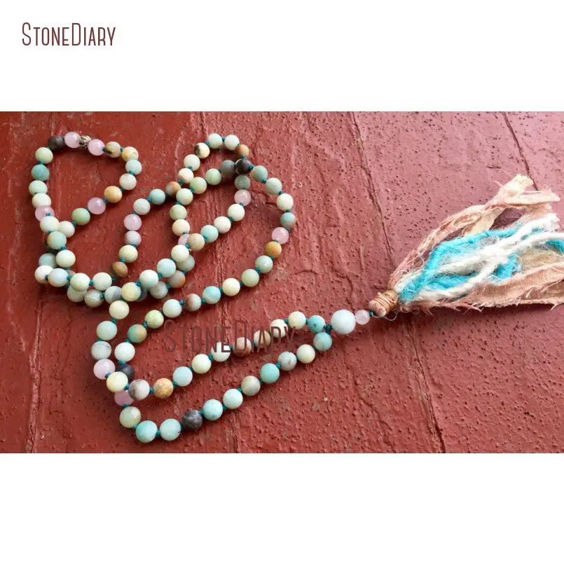 20180313-NM11102-Amazonite Mala Bead, Rose Quartz, Silk Sari Tassel , Courage, Feminine Moon Energy, Heart Chakra Goddess Yoga Jewelry_1