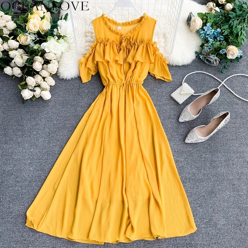 

OCEANLOVE Women Dress Beach Style Chiffon Solid Long Dresses Ruffles Off Shoulder A-line Vestidos 2019 Summer Robe Femme 12128