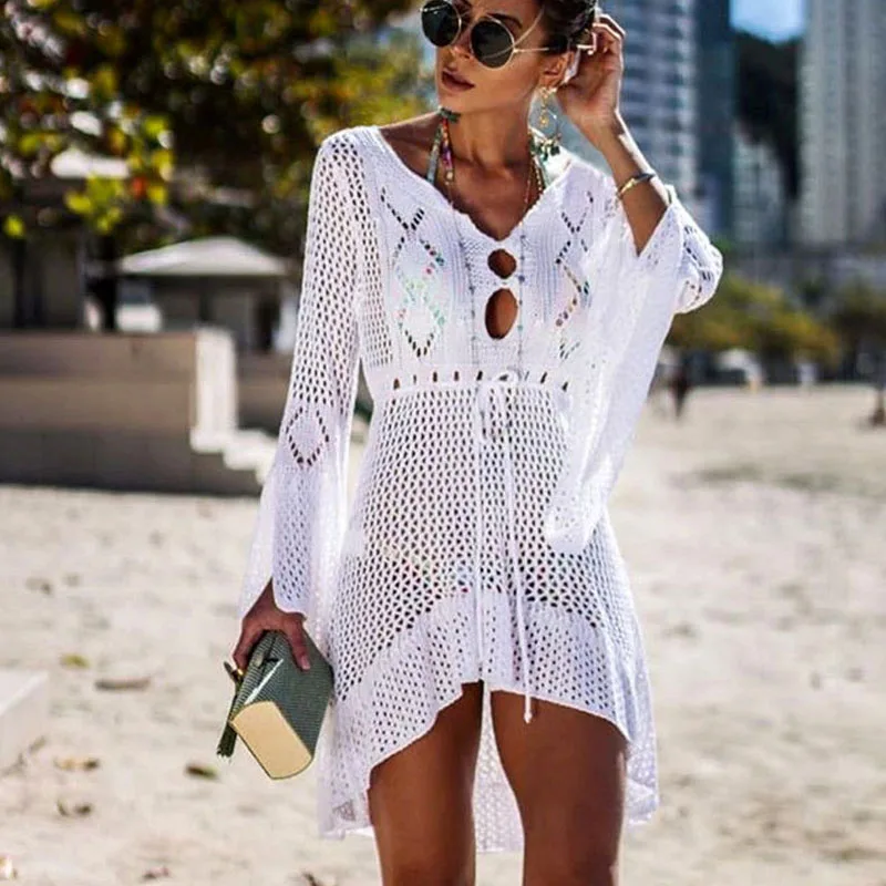 

VIEUNSTA Solid Knitted Cover Up Beach Wear Sexy Mesh Tunic Robe Beach Dress Swimwear women Hollow Crochet Cover-Ups Bathing Suit