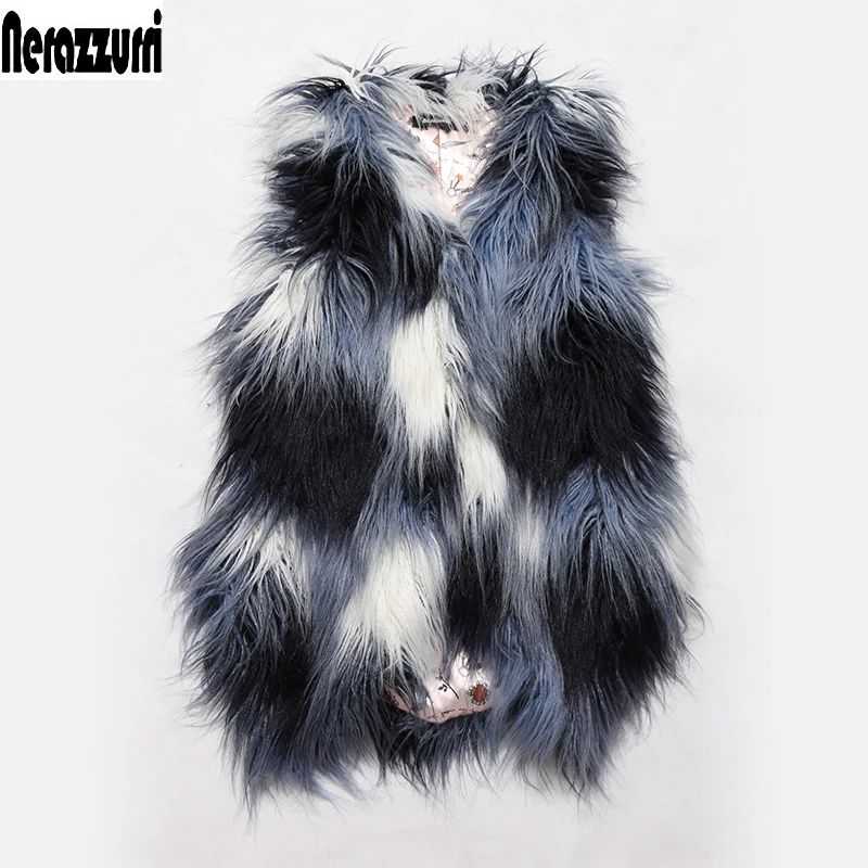 

Nerazzurri Winter Faux Fur Vest Women Gradual Colorful Short Gilet Long Haired Shaggy Fake Fur Waistcoat Sleeveless Jacket 6xl