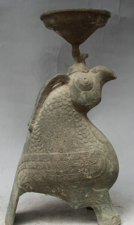

USPS to USA S2550 14" Old Chinese Dynasy Palace Bronze Poll Parrot Bird Vessel Statue Oil Lamp (B0413)