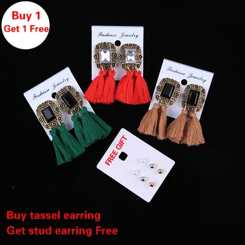 

No Pierced Bohemian Ethnic Long Handmade Statements Tassel Clip On Earrings For female Vintage Square Popular Fringed Clip Ear