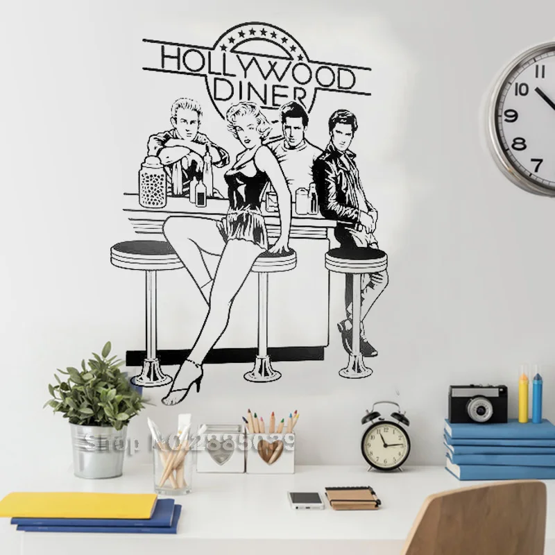 

Hollywood Diner Vinyl Murals Wall Stickers Art Dining Room Decor Removable Wallpaper Wall Decal Sofa background Home Decor LC612