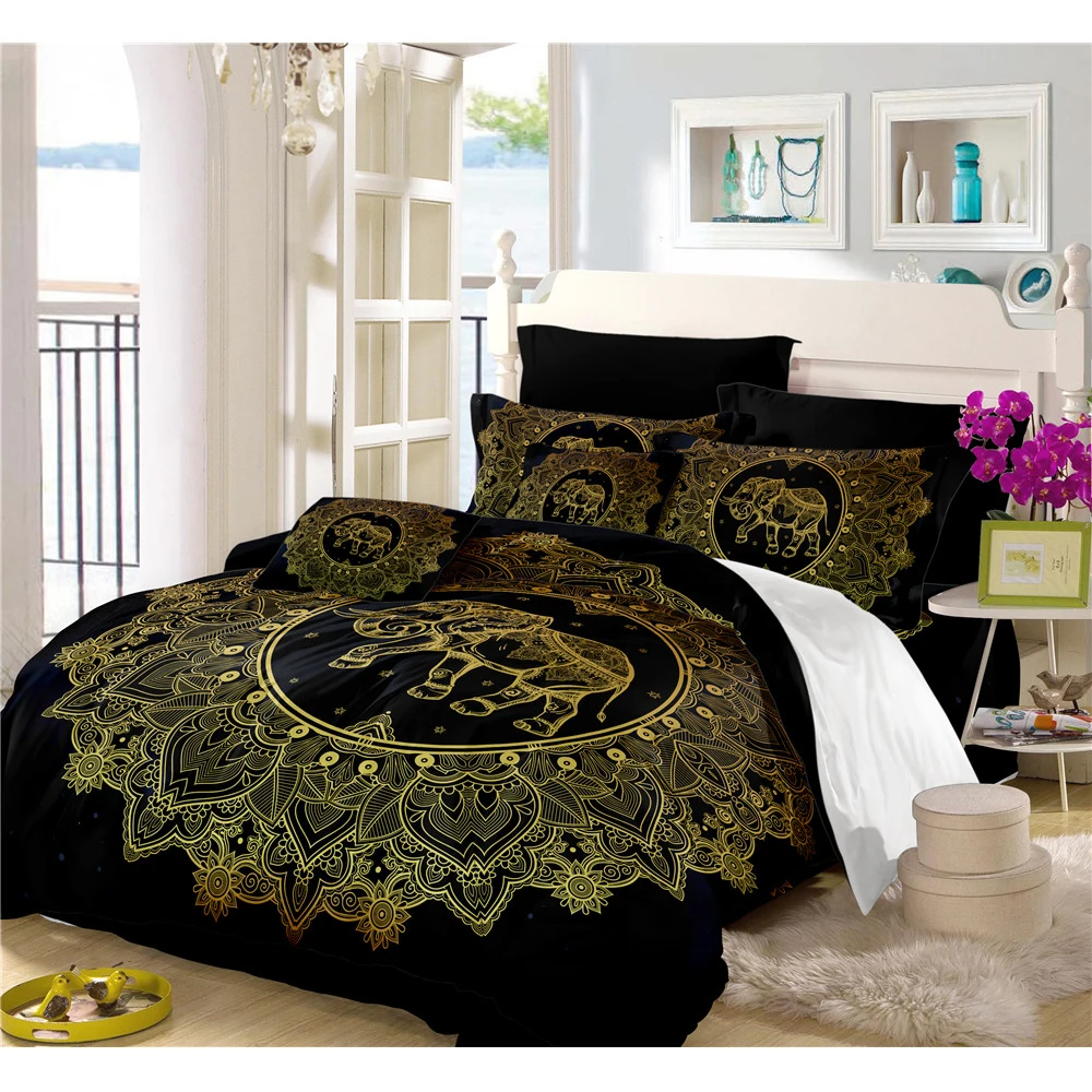 Golden Mandala Bedding Set Tribe Elephant Print Duvet Cover Moon Star Print Bed Cover Pillowcase