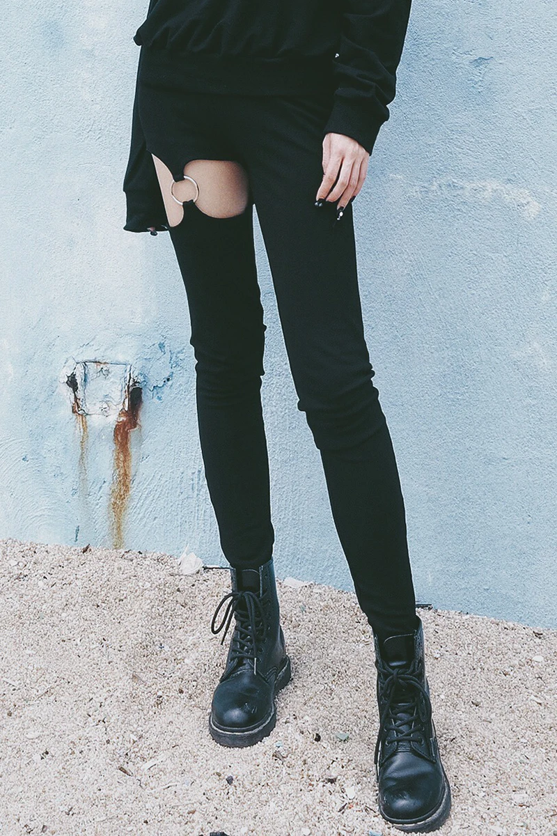 Модные брюки в стиле панк, готика, женские брюки, с выемкой, с правым кольцом для ног, с высокой талией, тонкие Стрейчевые ткани, узкие брюки для женщин