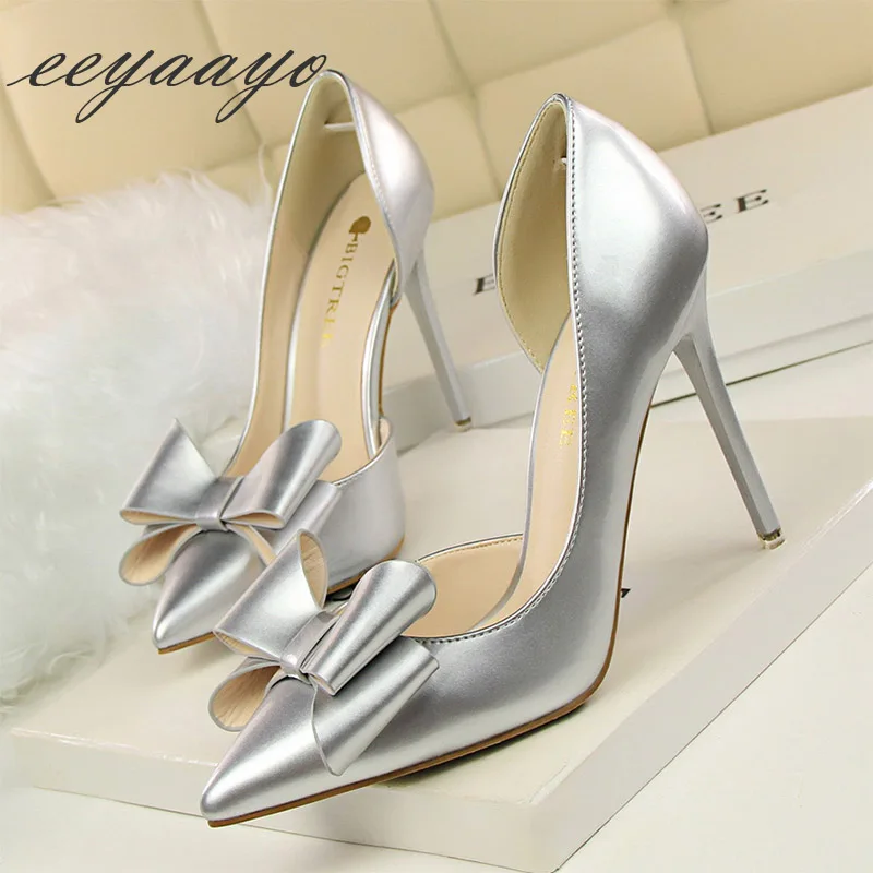 Г. Новые Демисезонные женские туфли-лодочки женская обувь на высоком тонком каблуке, с острым носком, без шнуровки, с узлом-бабочкой белый высокий каблук - Цвет: Silver