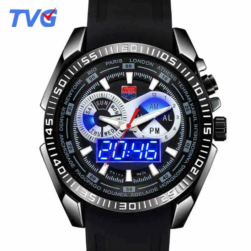 Digital Quartz Dual Time Display Men s Wristwatch Military Night Light Rubber Strap Waterproof Shock Dust